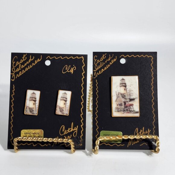 Cathy Meier Lighthouse Porcelain Jewelry Brooch Clip Earrings Set VTG - Picture 1 of 10